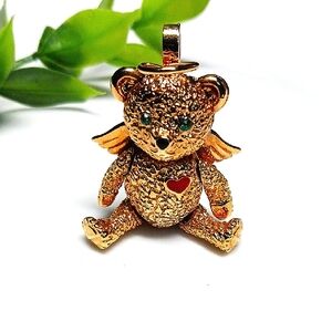 BATYA Gold Angel Bear Brooch and Pendant, with Red Heart and Emerald Green Eyes